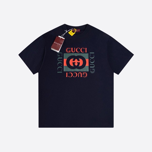 グッチプリント入りコットンジャージーTシャツ ネイビー 784361 XJGKA 4735